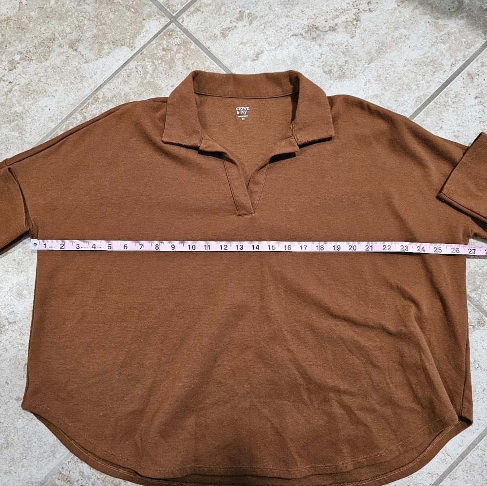 Crown & Ivy Brown V Neck Tunic Shirt Preppy Relaxed Fit Drop Sleeve Size M - Picture 5 of 6